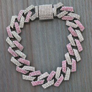 15mm Miami Cuban Ice Point Curb Diamond Chain Pink/Clear/Silver Plated